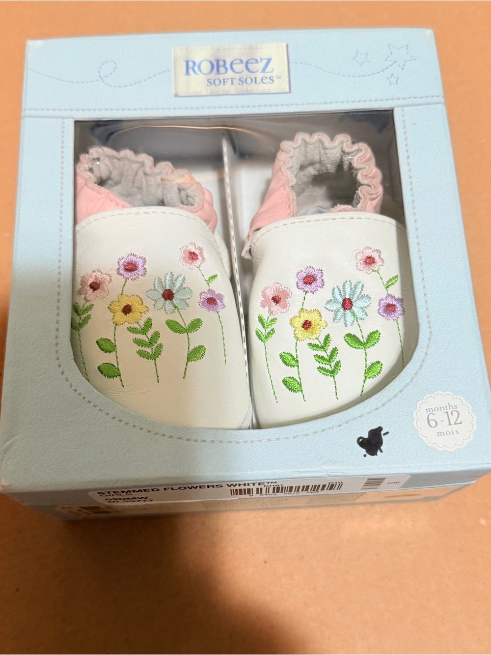 Robeez White Baby Soft Soles with Pink Trim and Multicolor Floral Embroidery